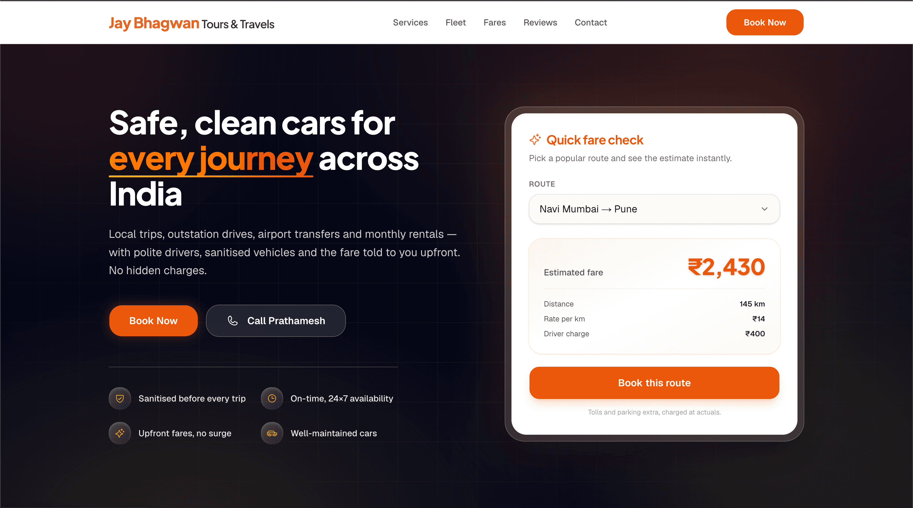 Jay Bhagwan Tours landing page shown on desktop, with the fare estimator form